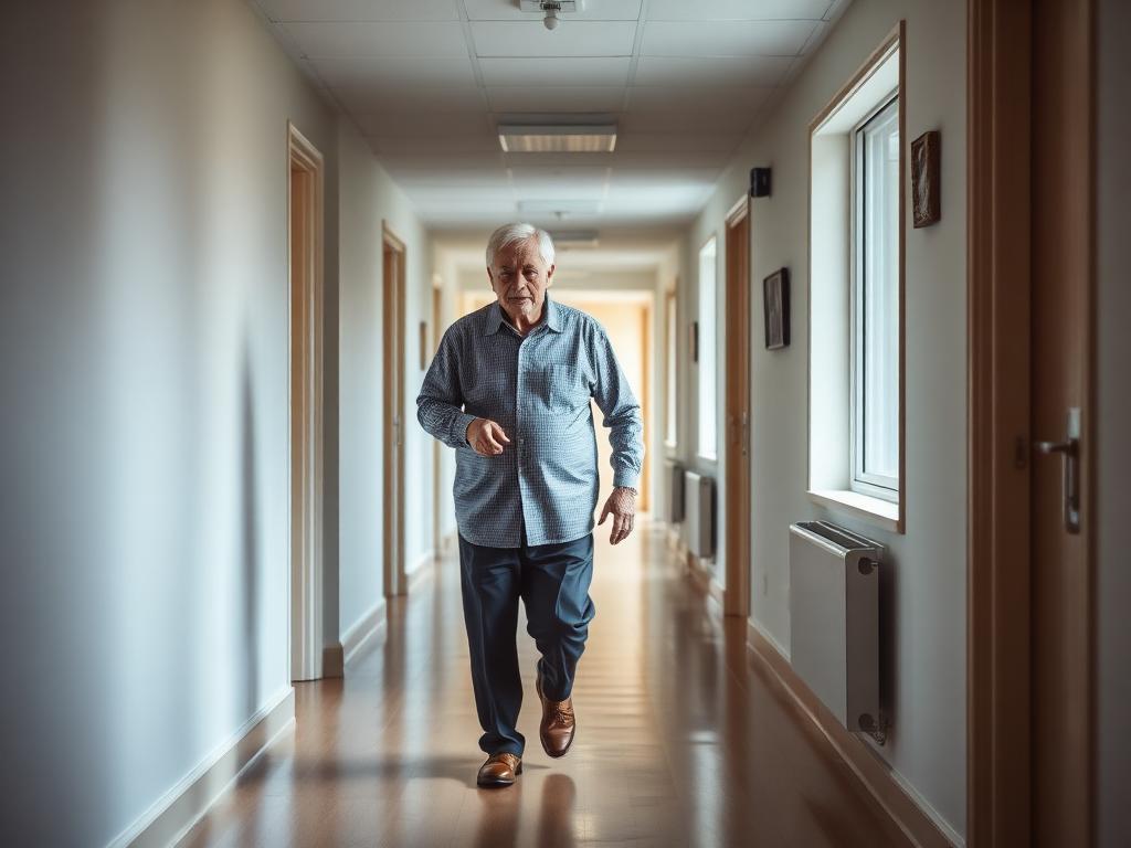 Older adult walking down a bright residential hallway