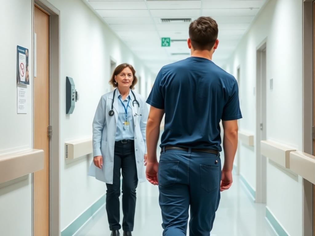 Physiotherapist observing a patient's walking test in a clinic corridor